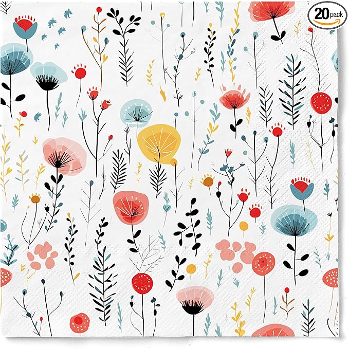 20 pcs Premium Designer Paper Napkins, 3-Ply 6.5x6.5-inches Disposable Decorative Paper Guest White Floral Napkin for Wedding Birthday Anniversary Lunch Dinner Party Baby Shower