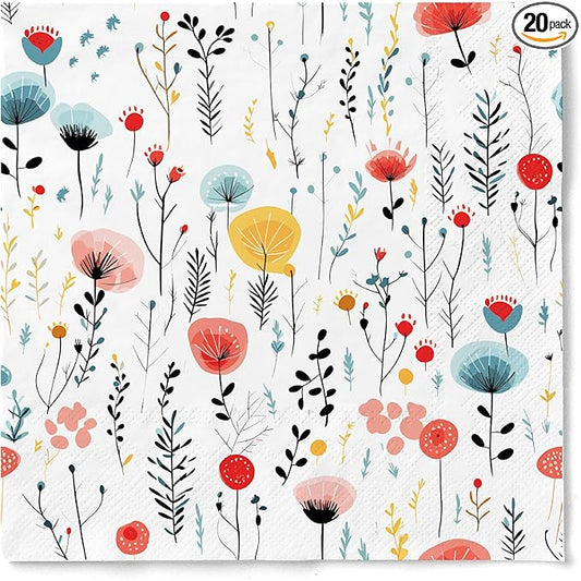 20 pcs Premium Designer Paper Napkins, 3-Ply 6.5x6.5-inches Disposable Decorative Paper Guest White Floral Napkin for Wedding Birthday Anniversary Lunch Dinner Party Baby Shower