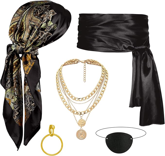 CICOCI Men Pirate Costume Accessories Set for Women: Pirate Hat, Head Scarf, Sash, Belt, Dress Accessories
