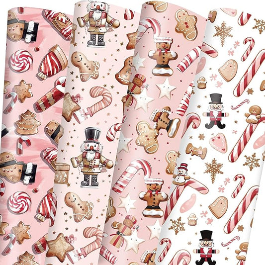 Vnaaem Pink Christmas Wrapping Paper with 4 Nutcracker Gingerbread Design for Christmas Holiday Party Celebration - 20 X 28Inches Per Sheet(8 Pack)