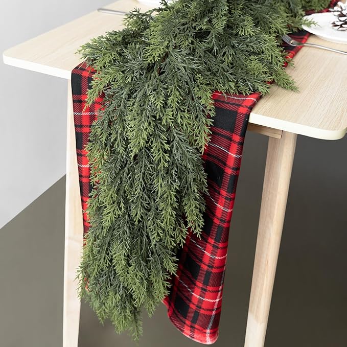 6FT Christmas Cedar Garlands, Real Touch Winter Cedar Pine Garland with Soft Thickness Pine, Green Artificial Greenery Garland for Table, Mantle, Fireplace, Wall, Indoor, Outdoor Christmas Decorations