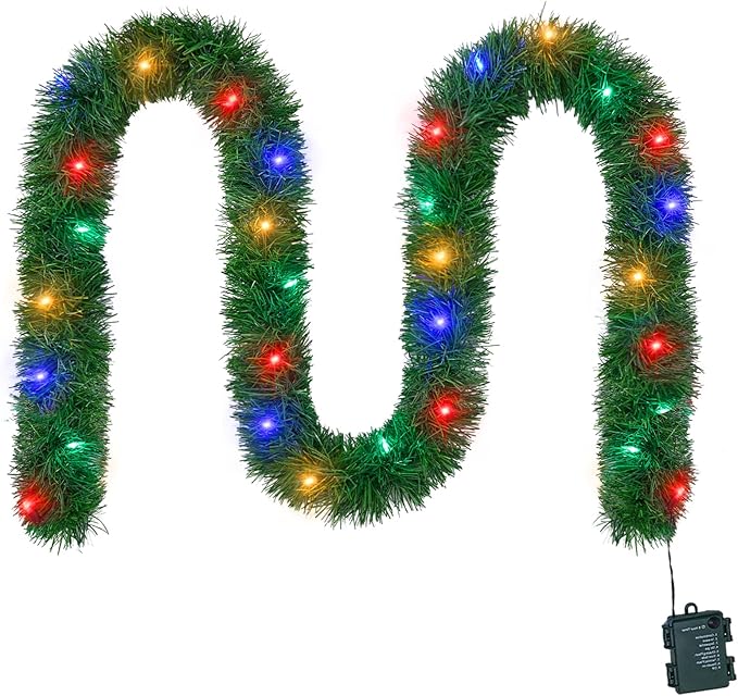 WEMADE 15.4ft Pre-Lit Christmas Garland with Lights – 50 LED Lighted Garlands for Christmas Decorations Indoor Outdoor, Battery Operated 8 Modes Memory Timer for Mantel Stair Banister Doorframe Décor