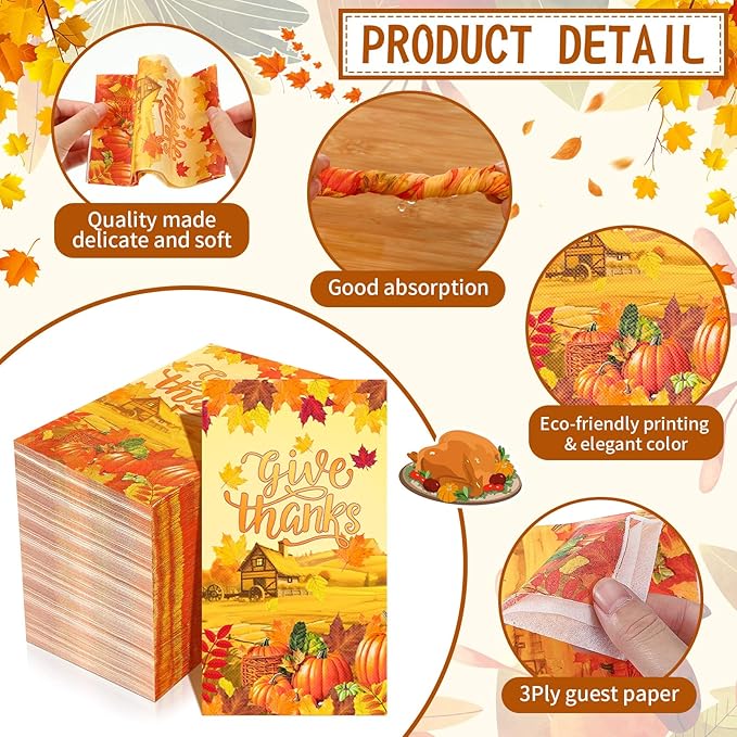 Karenhi 150 Pieces Thanksgiving Guest Napkins 3 Ply Disposable Paper Napkins Autumn pumpkin Disposable Hand Paper Towels Harvest Fall Decorative Guest Napkins Guests Towel for Thanksgiving Holiday