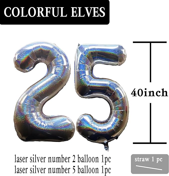 Laser Silver Number 25 Balloons 40 Inch Giant Number Silver 25 Foil Mylar Balloons for 25th Birthday Anniversary Events Party Decorations