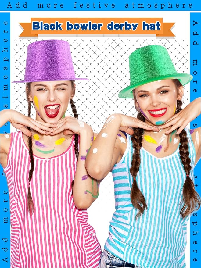 24 Pack Neon Top Hats Glitter Plastic Top Hat Colorful Magician Hat Bright Party Hats for Adult Kids Photo Booth Props Birthday New Years Party Supplies, 12 Colors