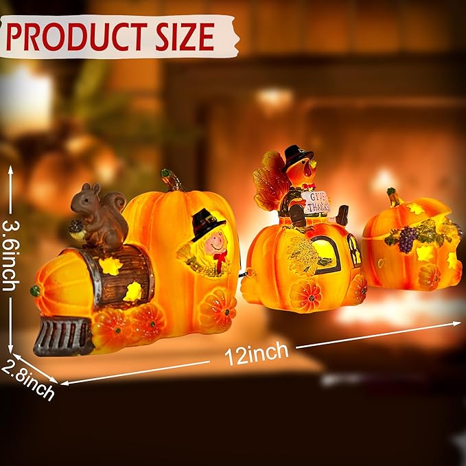 Hexagram Thanksgiving Decorations Indoor - Turkey Decor Thanksgiving Table Decorations - Lighted Turkey Pumpkin Train Decor - Pumpkin Figurines Centerpieces for Tables - Light Up Home Tabletop