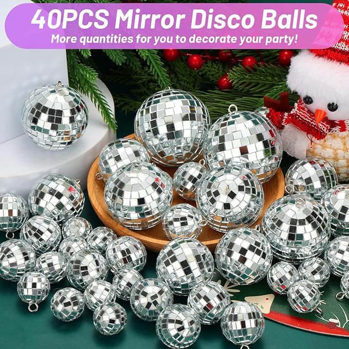 40 Pcs Disco Balls with Rope, 5 Sizes Mini Disco Ball Decor Ornaments, Small MirrorBall Different Sizes Silver Decorations for Halloween DIY Christmas Tree Topper Music Prom Party Wedding