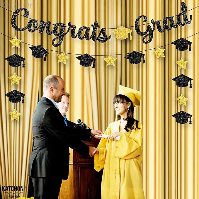 KatchOn, Glitter Black and Gold Congrats Grad Banner - 10 Feet | Black and Gold Graduation Banner, Cap Garland for Graduation Decorations 2025 | 2025 Grad Party Decorations