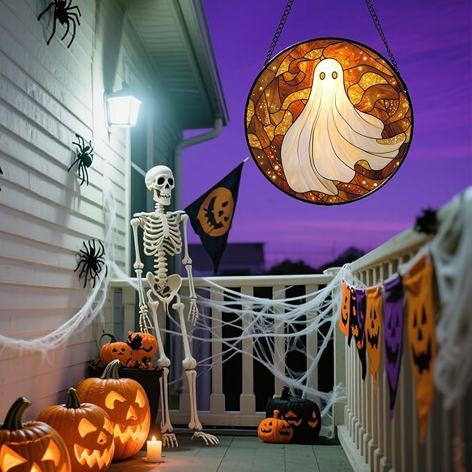 Stained Glass Window Hanging - Halloween Decoration White Ghost Robe Suncatcher for Door Garden Spooky Starry Sky Sun Catchers Gothic Decor Horror Gifts for Women Men Friend Boy Girl 7.8 in