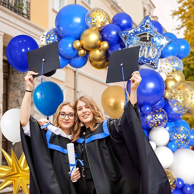 Blue Gold White Balloons Arch Kit with Explosion Star 4D Gold Foil Balloon Royal Blue White Golden Confetti Balloons Garland for Blue 2025 Graduation Decoration Birthday Baby Shower Party
