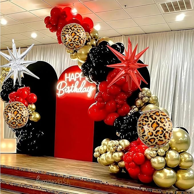 Red Black Gold Balloon Arch Garland Kit Leopard Cheetah Print Party Balloons Black Red Metallic Silver Gold Explosion Star Balloon for Girl Night Bachelorette New Year Casino Birthday Party Decoration
