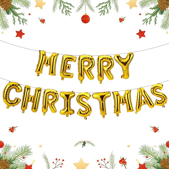 16 Inch Merry Christmas Balloons 14 PCS Gold Balloons Banner Xmas Letter Aluminum Mylar Foil Balloon Kit Decorations Backdrop for Holiday Hanging Decor Party Favors Supplies Theme Indoor Outdoor