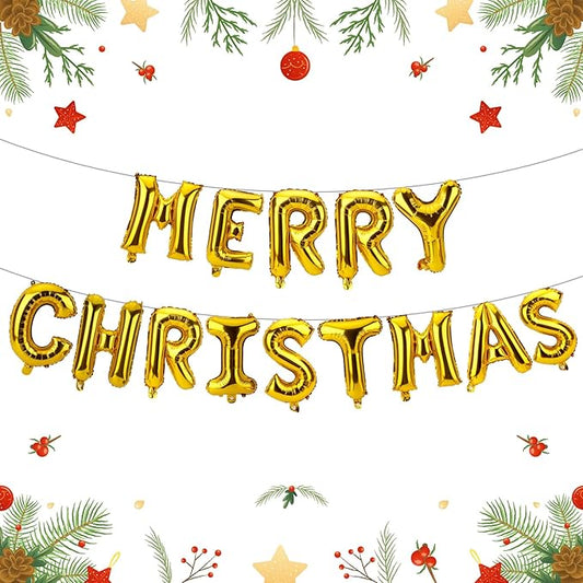 16 Inch Merry Christmas Balloons 14 PCS Gold Balloons Banner Xmas Letter Aluminum Mylar Foil Balloon Kit Decorations Backdrop for Holiday Hanging Decor Party Favors Supplies Theme Indoor Outdoor