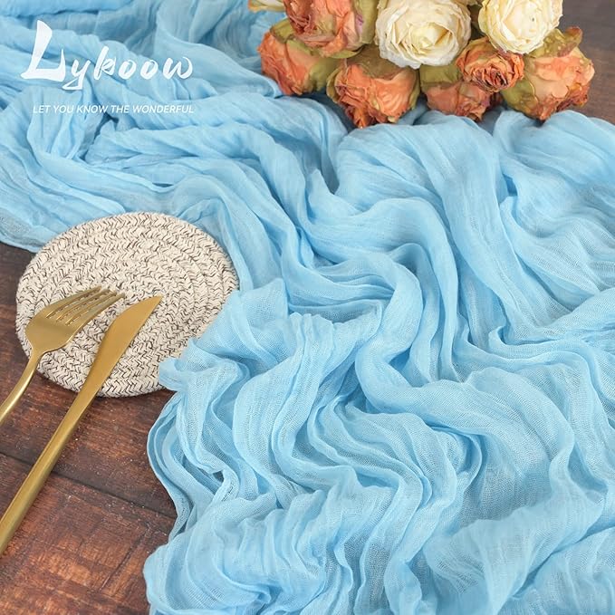 10 Packs Cheesecloth Table Runner Baby Blue, 35x120 inch Light Blue Rustic Gauze Boho Wedding Table Runner Decoration, Wedding Table Decor Table Cloth for Wedding Party Bridal Shower Table