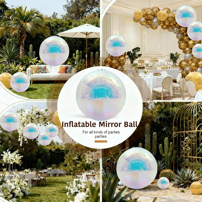 6PCS Iridescent Inflatable Mirror Ball,Big Shiny Balls Inflatable,Reusable PVC Mirror Balls,Large Hanging Balloon Disco Ball with Air Pump for Wedding Event Birthday Party Decor