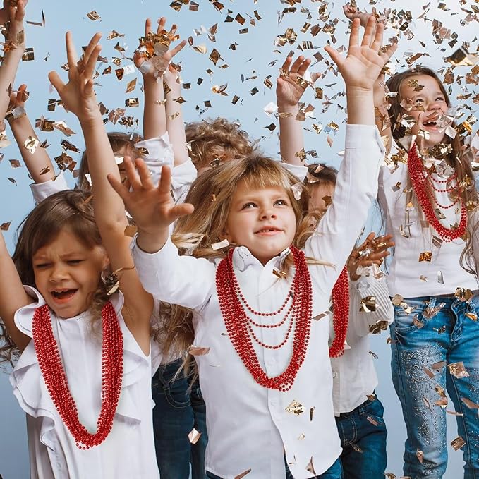 12PCS Bead Necklace, Red Christmas Beads Costumes Party Favors, 33" Beaded Necklace Festival Parade Throw Accessory Sets for Valentines Mardi Gras Christmas Celebrations Decorations