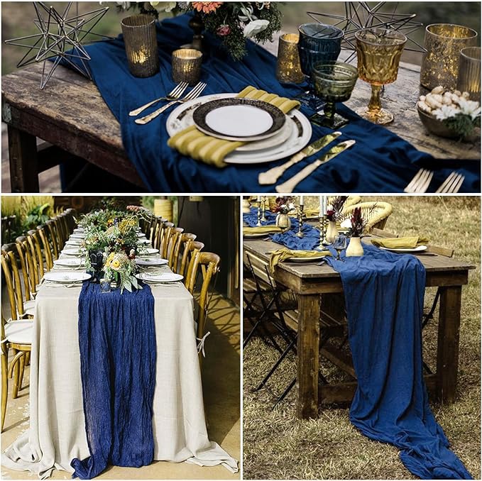 12 Pack Navy Blue Cheesecloth Table Runner 10FT Boho Gauze Fabric Blue Cheese Cloth 35 x 120 Inch Rustic Sheer Table Runner for Wedding Decor Baby Shower Party Decoration