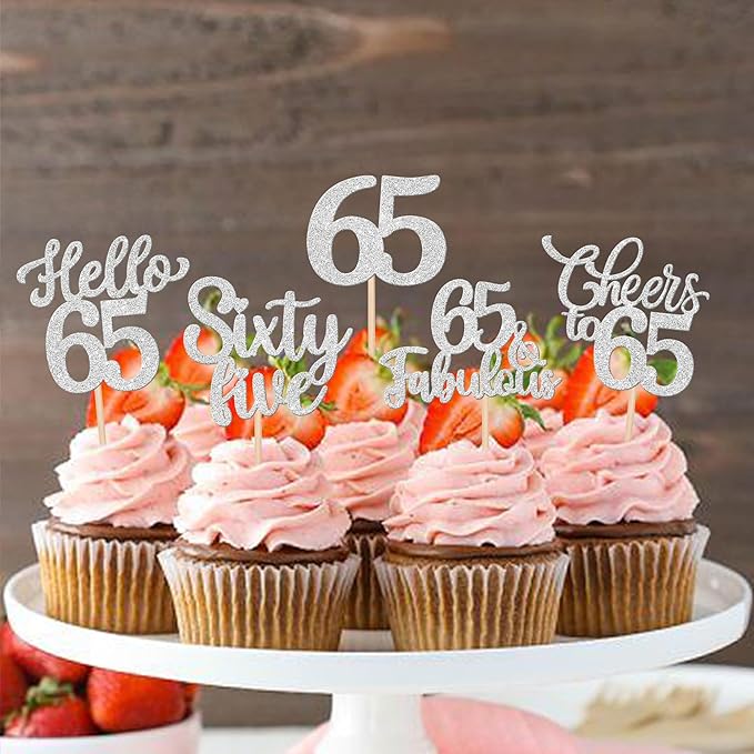 30PCS Happy 65th Birthday Cupcake Toppers Glitter Hello 65 Fabulous Sixty Five Cheers to 65 Years Old Birthday Cupcake Picks for Happy 65th Birthday Anniversary Party Cake Decorations Supplies Silver