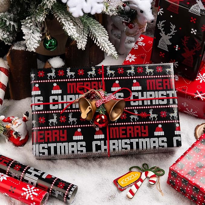 MAYPLUSS Christmas Wrapping Paper Jumbo Rolls - 30IN X 120IN - 4 Roll - Merry Christmas Reindeer Snowflake Plaid for New Year Holiday Party Kids