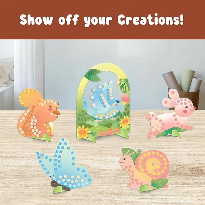 BINCA Foam Sticker Mosaic Art Activity, 750+ 3D Glitter Foam Stickers, 5 Garden Animals with Display Arch, Christmas Stocking Stuffers, DIY Mess-Free Activities, Gifts for Boys & Girls Ages 5,6,7,8