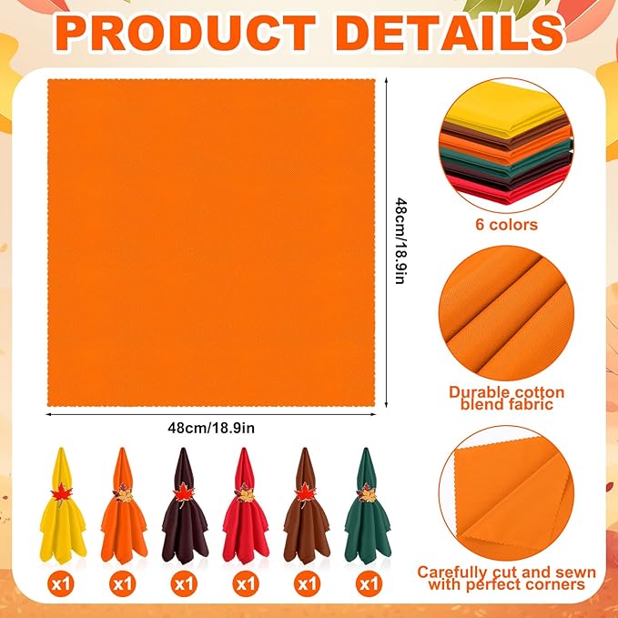 12 Pcs Fall Thanksgiving Cloth Napkin and Maple Leaves Napkin Ring Holder Buckles with Rhinestones Set for Harvest Season Thanksgiving Autumn Party Table Decorations (6 Colors)