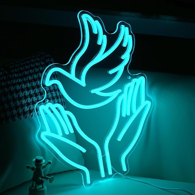 JLEWUINH Peace Dove Neon Sign for Wall Decor Flying Pigeon Neon Light Dimmable Jesus Light Up Sign God Hands Led Light Sign for Christian Church Easter Party Club (16.5 * 12.6 In)