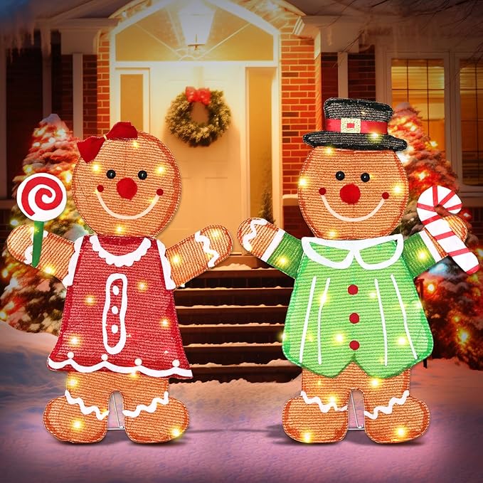 DomKom Set of 2 Lighted Gingerbread Man Christmas Decorations, 27 inch Pre-Lit Light Up Gingerbread Couple with Candy Cane & Lollipop 50 LED for Xmas Indoor Outdoor Yard Lighted Holiday Displays