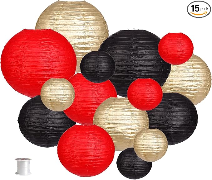 Paper Lanterns Decorative, Round Hanging Paper Lanterns Decorations for Wedding Graduation Anniversary Birthday Party Supplies Black/Gold/Red 15pcs