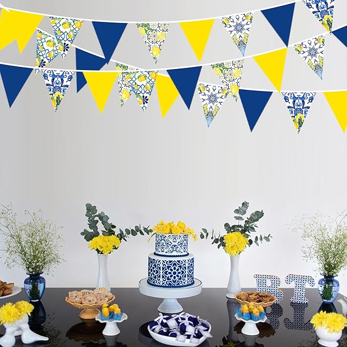 32Ft Capri Lemon Party Decorations Blue Tiles Yellow Lemon Fabric Pennant Banner Triangle Flag Garland Streamer for Amalfi Coast Capri Yellow Blue Tiles Mediterranean Birthday Baby Shower Supplies