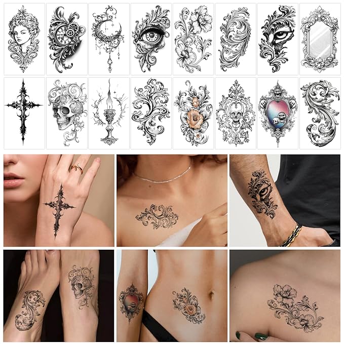 47 Sheets Baroque Temporary Tattoo for Women Men, 17 Sheets Half Arm Large Cross Skull Poker Angels Fake Tattoos, 30 Sheets Lion Flowers Tiny for Adult Kids Body Tattoos Stickers Realistic