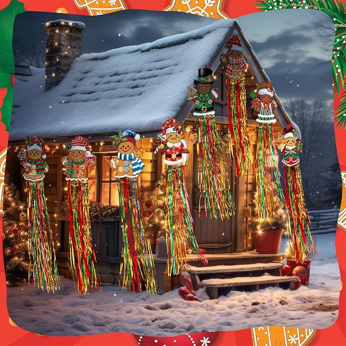 8pcs Christmas Windsocks Outdoor Hanging Decorations with Tassels Gingerbread Yard Signs for Outside 3.3ft Xmas Decorative Signs for Wall Tree Home Lawn Yard Party Supplies Garden Decor
