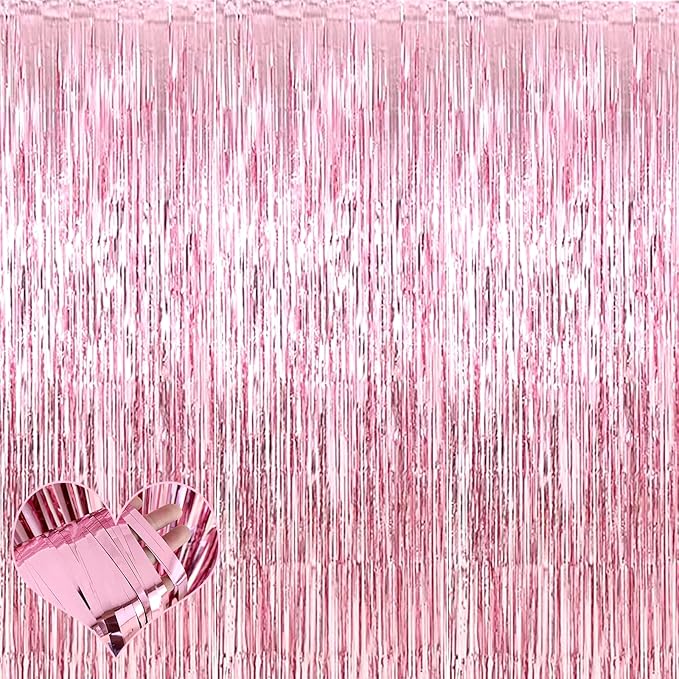 4 Pack Pink Fringe Curtain Backdrop, 3.2Ft x 9.8Ft Metallic Tinsel Foil Fringe Streamers Background for Photo Booth Birthday Wedding Baby Shower Carnival Easter Mother’s Day Party Decorations