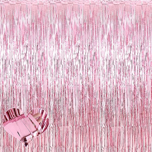 4 Pack Pink Fringe Curtain Backdrop, 3.2Ft x 9.8Ft Metallic Tinsel Foil Fringe Streamers Background for Photo Booth Birthday Wedding Baby Shower Carnival Easter Mother’s Day Party Decorations
