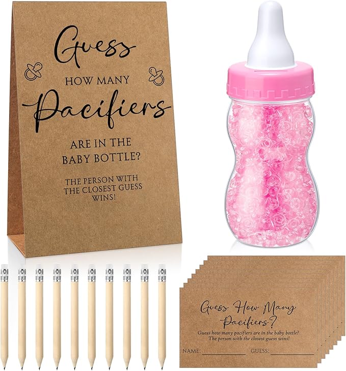 Roowest 512 Pcs Baby Shower Games Guess How Many Pacifiers Sign 100 Small Guessing Games 10 HB Pencils 750ml Milk Bottle 400 Acrylic Pacifiers Decoration for Guest Gender Reveal(Pink,Kraft)