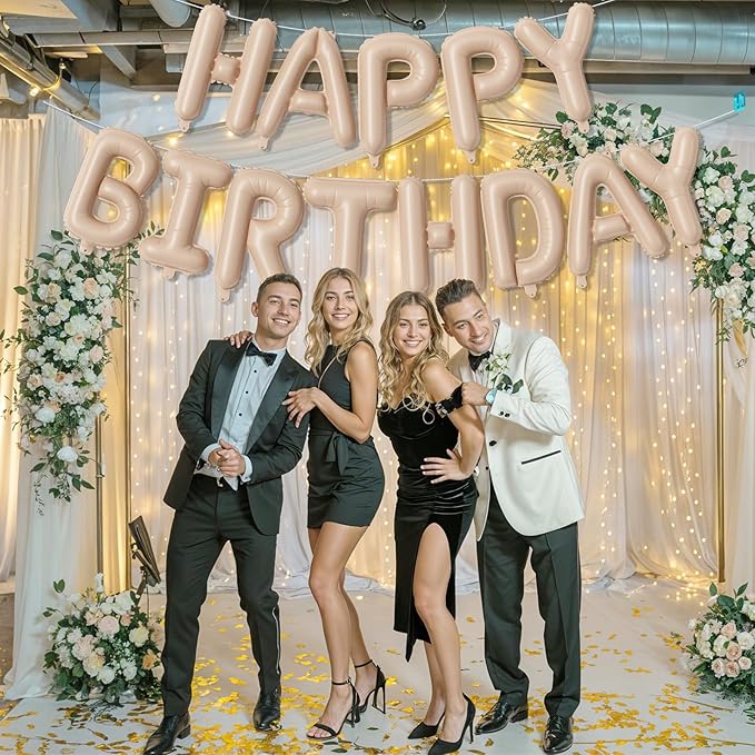 Happy Birthday Balloon Banner Beige, 16 Inch Neutral Tan Self Inflating Happy Birthday Foil Balloon, Nude Born Day Bunting Banner Letter Balloons for Men Women Bday Party Decorations Supplies