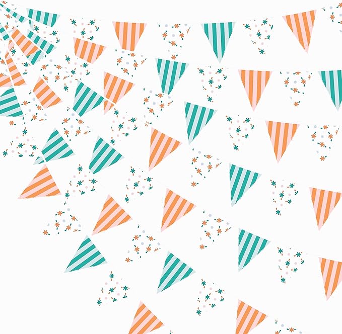 32Ft Italian Summer Party Decorations Orange Green Summer Wavy Floral Stripe Fabric Pennant Banner Triangle Flag Garland Streamer for Last Toast Coast Birthday Summer Baby Shower Bachelorette Supplies