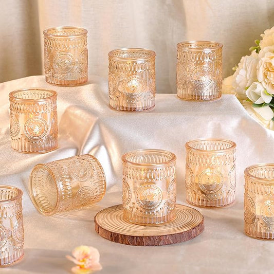 12 Pcs Gold Votive Candle Holders, Glass Candle Holders Embossed Tea Light Candle Holder for Wedding Table Centerpiece, Home Decor, Birdal Shower, Party