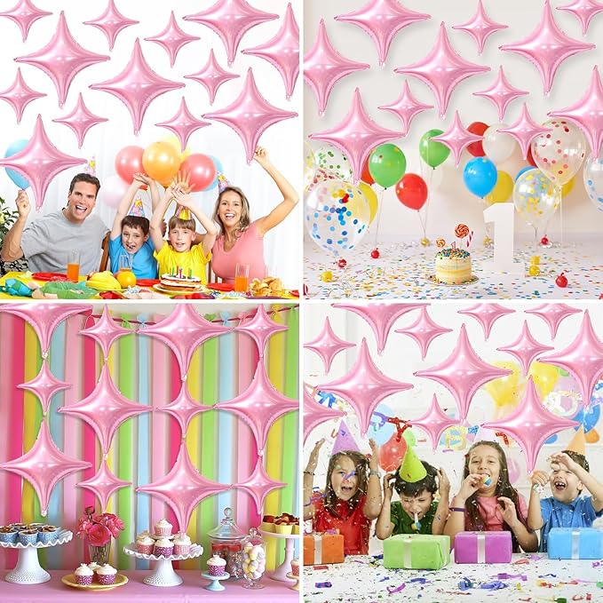 Pink Star Balloons,12Pcs Four Angle Star Foil Balloons,26Inch and 10Inch Pink Quadrangle Helium Polyester Film Balloon for Birthday Anniversary Baby Shower Wedding Party Decorations