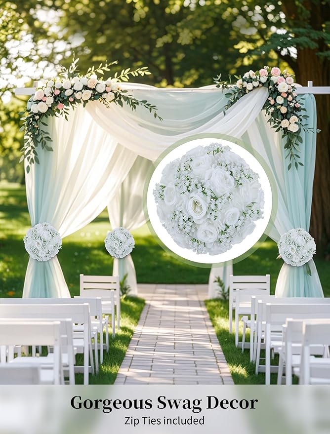 BLOSMON Babys Breath Artificial Flowers: 2 Pcs White Rose Babys Breath Fake Flower Balls Centerpieces for Wedding Table - Faux Silk Kissing Floral Arrangements for Home Party Event Decoration