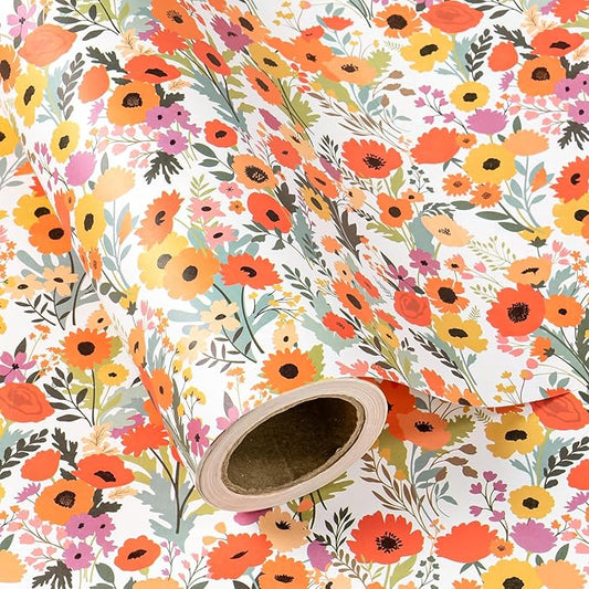 WRAPAHOLIC Kraft Floral Wrapping Paper Roll - Mini Roll - 17 Inch x 9.8 Feet - Bright Summer Flower Wrapping Paper, Perfect for Wedding, Birthday, Bridal Shower, Tea Party