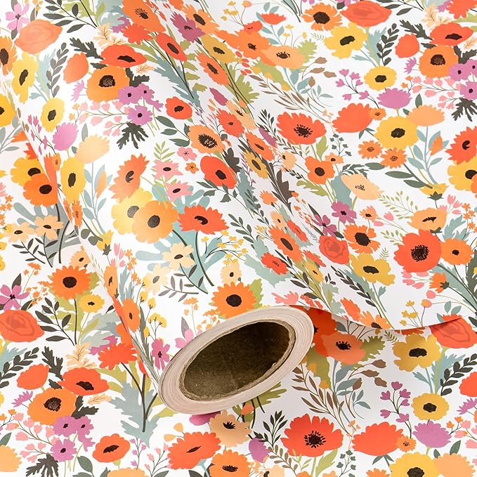 WRAPAHOLIC Kraft Floral Wrapping Paper Roll - Mini Roll - 17 Inch x 33 Feet - Bright Summer Flower Wrapping Paper, Perfect for Wedding, Birthday, Bridal Shower, Tea Party