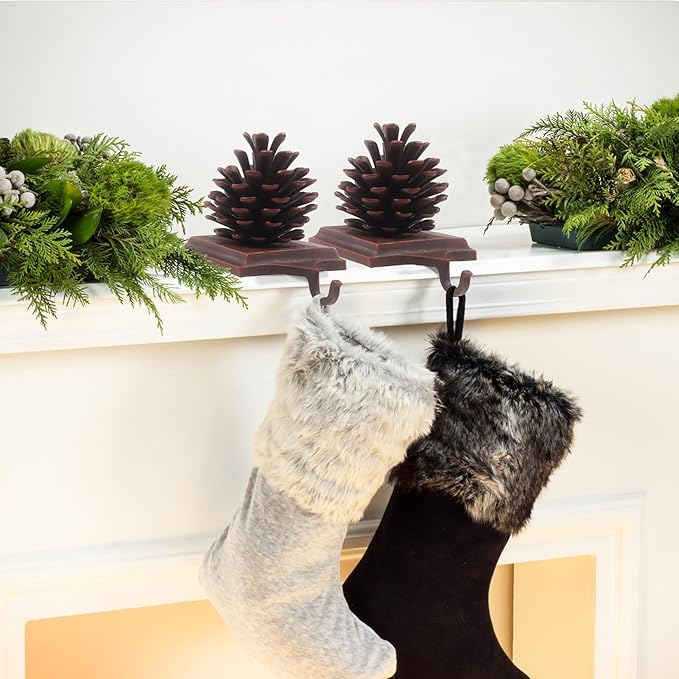 JUSTOTRY PineCones Christmas Stocking Holder Set of 4 with Non-Skid Retro Brown Stocking Holders for Mantle Fireplace Christmas Indoor Home Decor Gifts Xmas Decorations