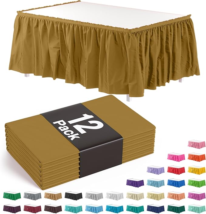 Exquisite Ruffle Table Skirt Gold Pack Of 12, 14 Ft Long Table Skirts for Rectangle Tables 6ft Plus or Round Tables Skirts with Adhesive Strip for Gender Reveal Decor & Happy Birthday Parties