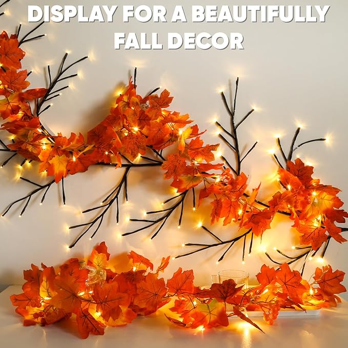 suddus Fall Garland with Lights Battery Operated, 20 LED Lighted Orange Fall Leaf Garland, Thanksgiving Fairy String Lights with Remote for Table, Mantle, Office, Porch, Halloween, Home Decoration