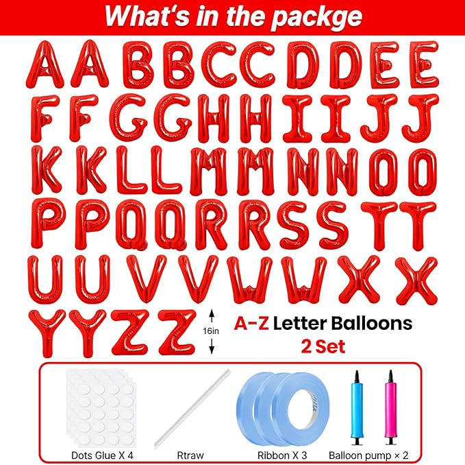 LIOZEOKUN Letter Balloons 16 Inch Alphabet A-Z Mylar Foil Balloons 2 Set for Wedding Birthday Party Decoration Banner Custom Phrase 52 Pcs