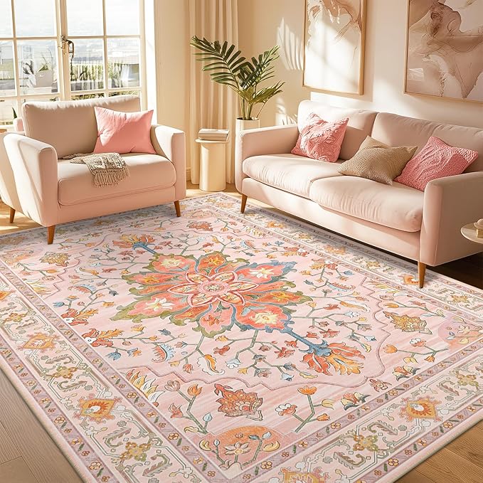 Area Rugs 8'x10' Washable Non-Slip, Floral Vintage Distress Print Pattern Medallion Carpet for Living Room Bedroom Dining Room, Light Pink Colorful