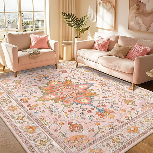 Area Rugs 9'x12' Washable Non-Slip, Floral Vintage Distress Print Pattern Medallion Carpet for Living Room Bedroom Dining Room, Light Pink Colorful