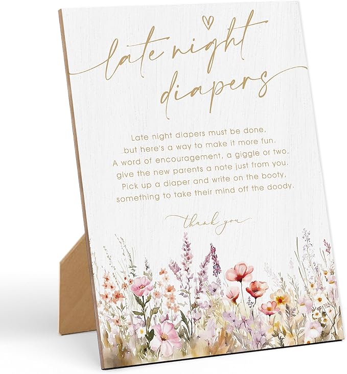 Boho Floral Late Night Diapers Baby Shower Sign, Gender Reveal Party Tabletop Decor, Wooden Sign with Back Stand for Baby Shower and Newborn Announcement Party Favors Supplies, 9