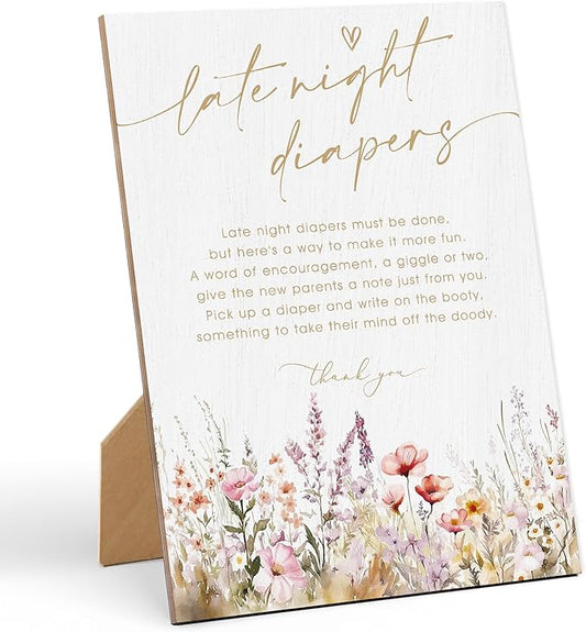 Boho Floral Late Night Diapers Baby Shower Sign, Gender Reveal Party Tabletop Decor, Wooden Sign with Back Stand for Baby Shower and Newborn Announcement Party Favors Supplies, 9