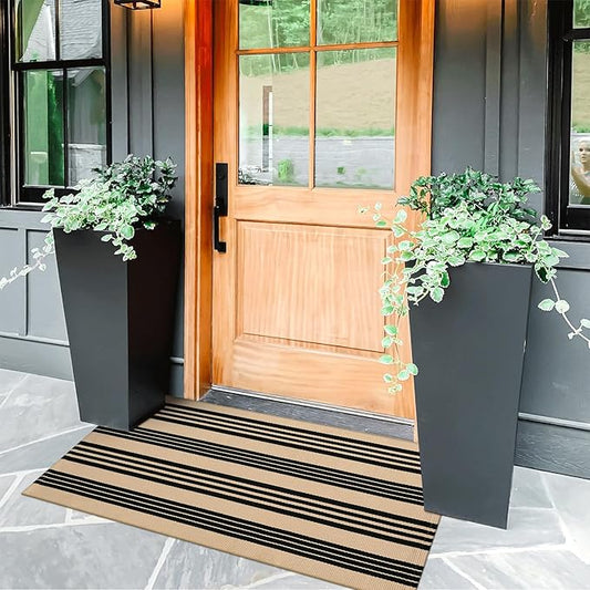 KIMODE Fall Front Door Mat 24"x51", Black and Khaki Striped Layered Door Mat Outdoor, Washable Farmhouse Front Porch Rug Halloween Thanksgiving Decorations, Cotton Hand Woven Entryway Rug